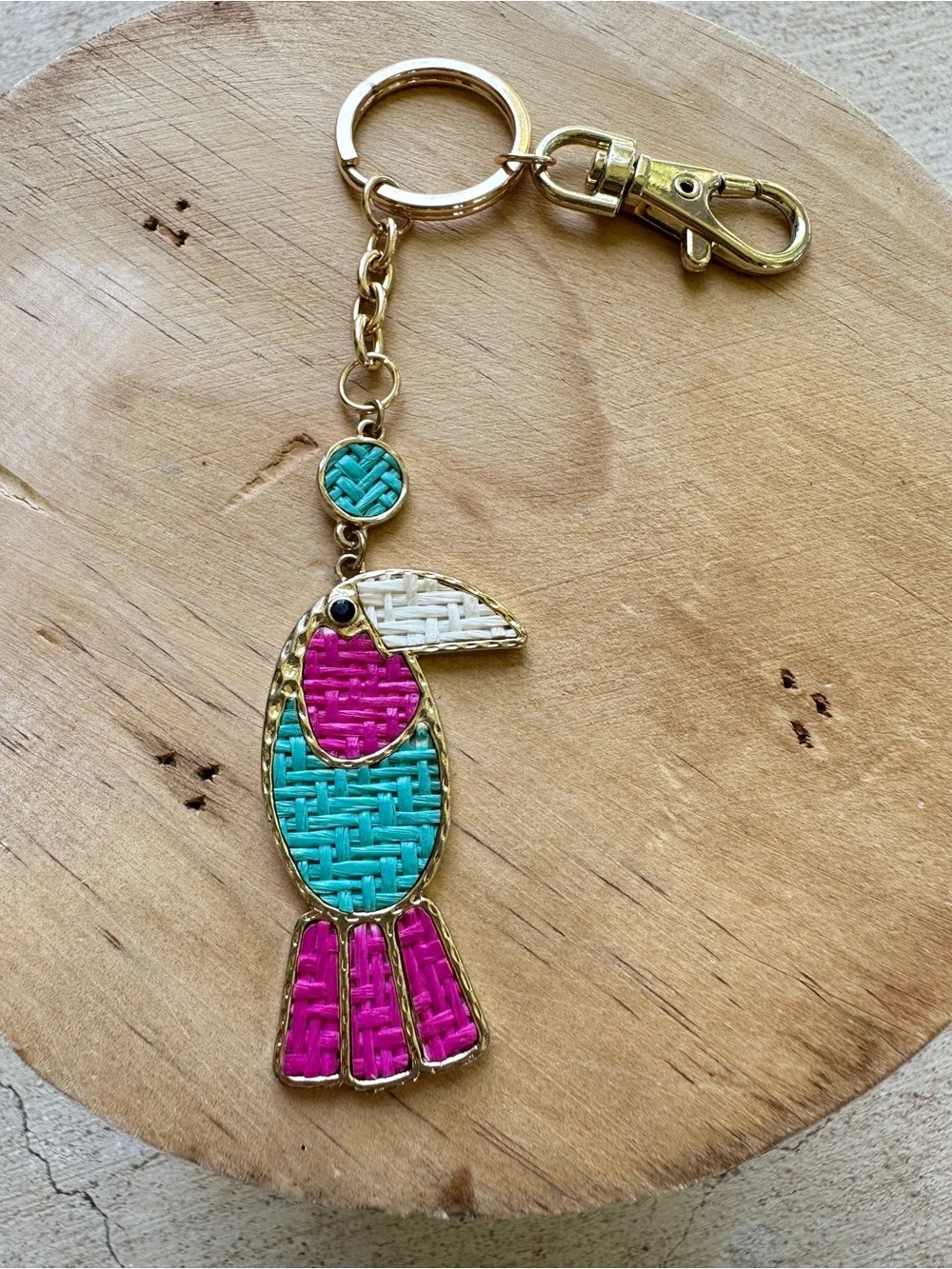 Gold Toucan Keychain Charm in Turquoise, Pink & White - Picture 1 of 7